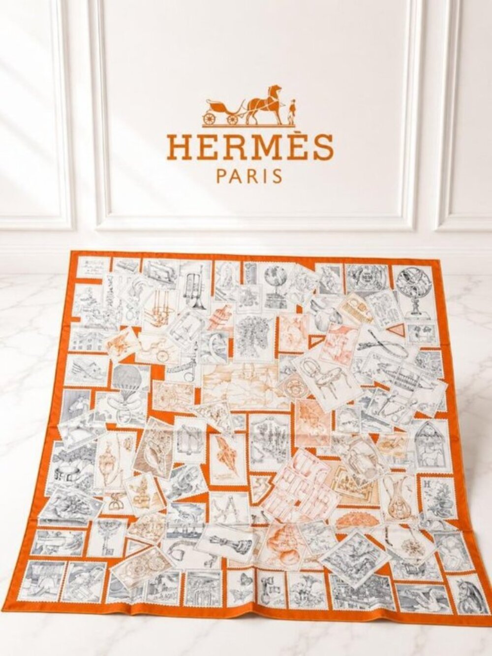 Hermes Le Philatéliste du Faubourg Silk Scarf Orange